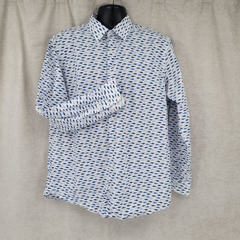 BEN Sherman Men's White with Blue Sharks Long Sleeve Button down